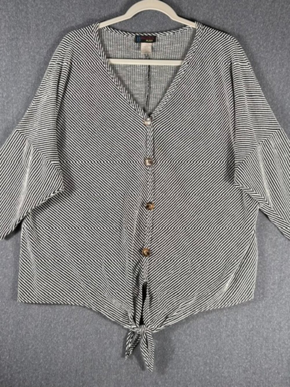 B Famous #USA Tie Front Blouse Womens Sz 3x Black/White Striped V-Neck
